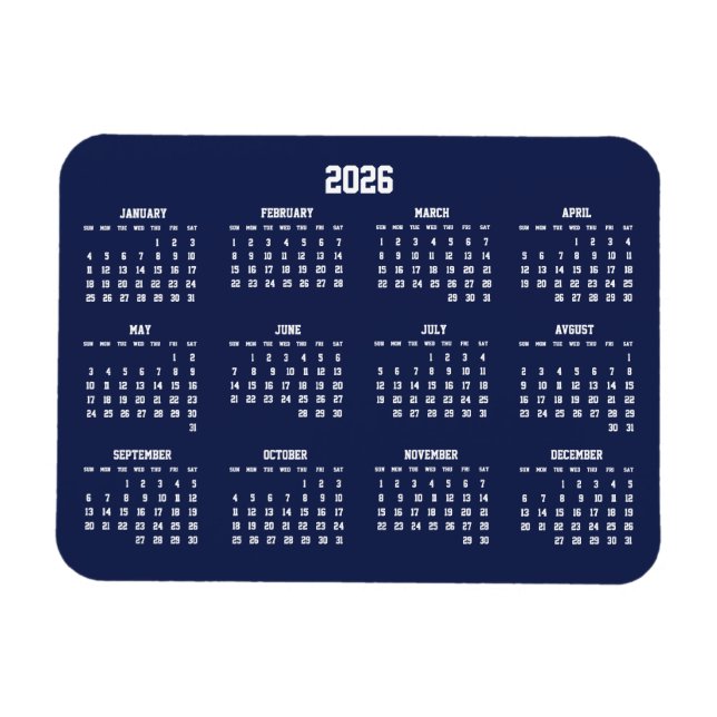 Navy Blue Calendar 2026 Flexible Magnet (Horizontal)