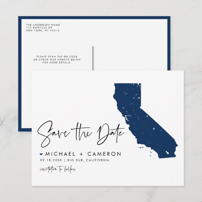 Navy Blue California Map QR Code Save the Date Announcement Postcard (Front/Back)
