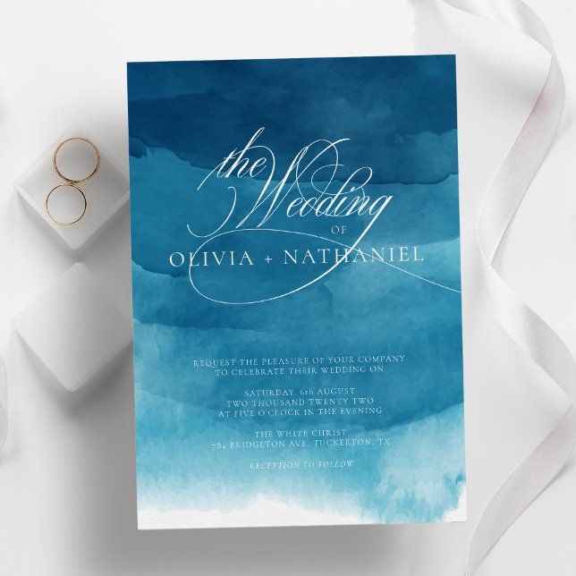 Navy Blue Calligraphy Abstract Watercolor Wedding Invitation (Creator Uploaded)