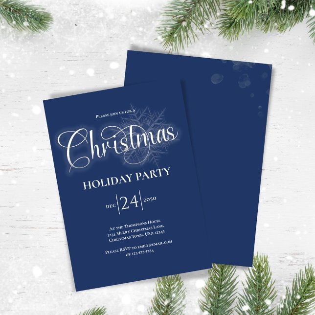 Navy Blue Calligraphy Christmas Party Custom Invitation (Navy blue Christmas party invitation)