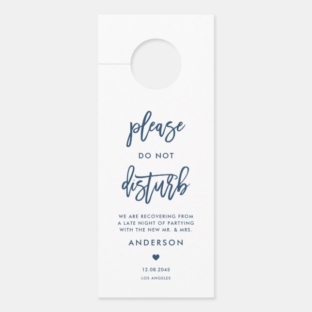 Navy Blue Calligraphy Do Not Disturb Wedding Door Hanger (Front)