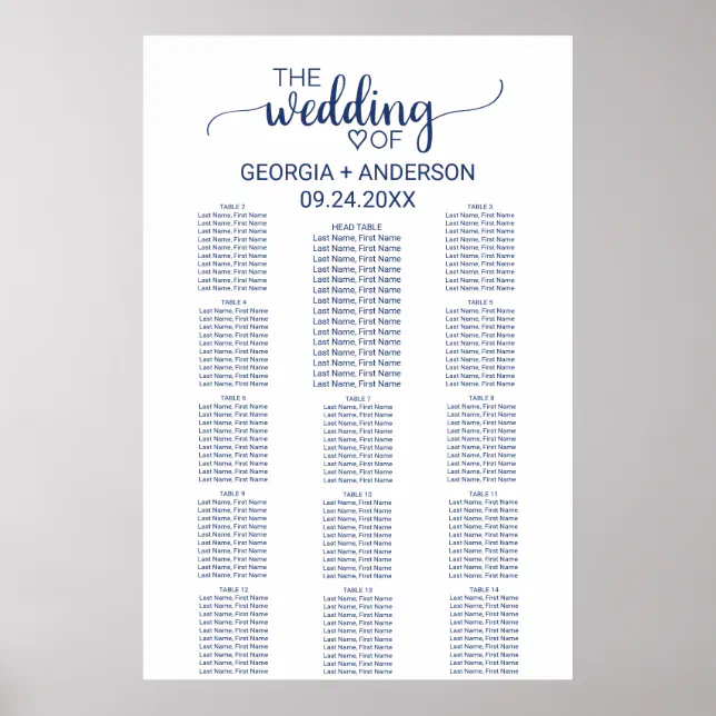 Navy Blue Calligraphy Head Table Seating Chart | Zazzle