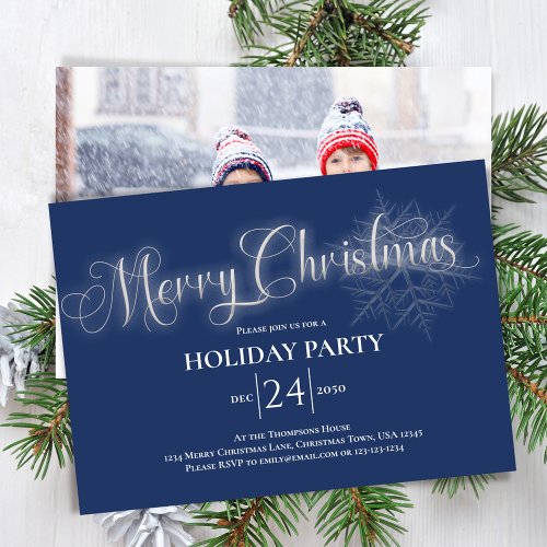 Navy Blue Calligraphy Script Merry Christmas Party Invitation