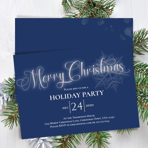 Navy Blue Calligraphy Script Merry Christmas Party Invitation