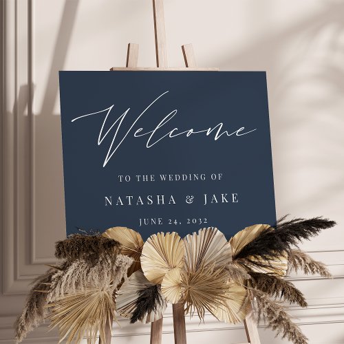 Navy Blue Calligraphy Script Wedding Welcome Sign