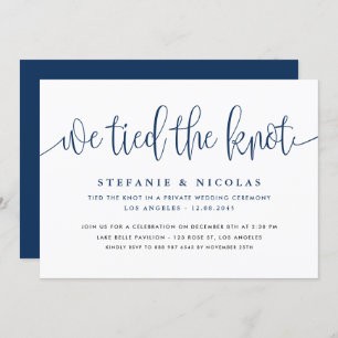 Navy Blue Calligraphy We Tied The Knot Wedding Invitation