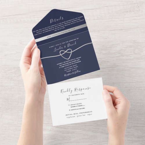 Navy Blue Calligraphy Wedding All In One Invitation