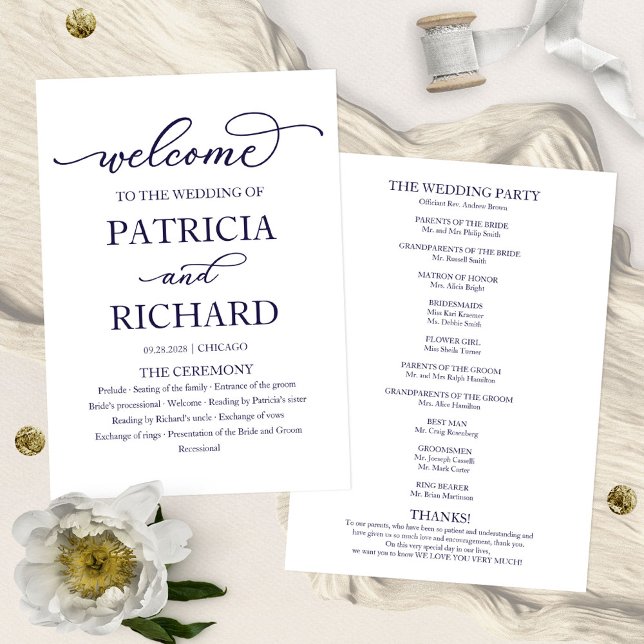 Navy Blue Calligraphy Wedding Ceremony Program (Creator Uploaded)