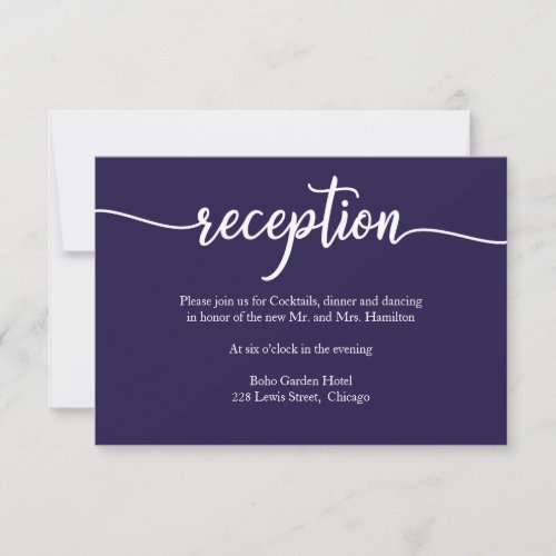 Navy Blue Calligraphy Wedding Reception Card