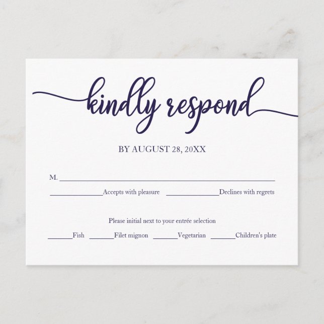 Navy Blue Calligraphy Wedding  RSVP Postcard (Front)