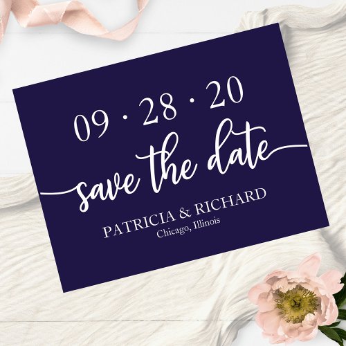 Navy Blue Calligraphy Wedding Save The Date Invitation