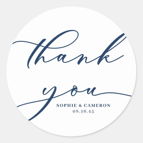 Navy Blue Calligraphy Wedding Thank You Classic Round Sticker