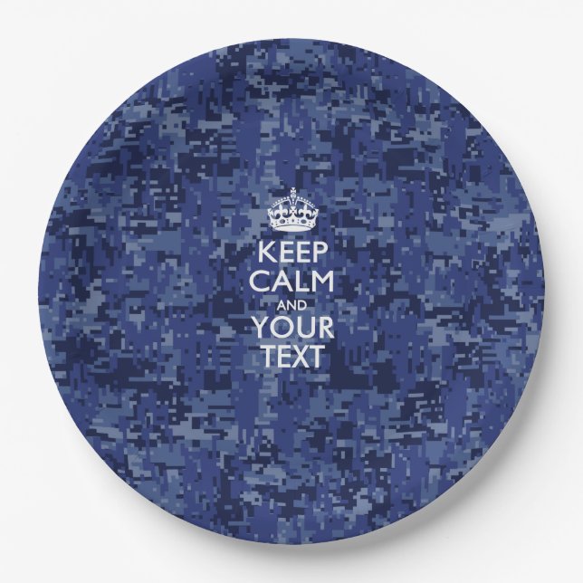 Navy Blue Camo Keep Calm And Your Text Paper Plates (Front)
