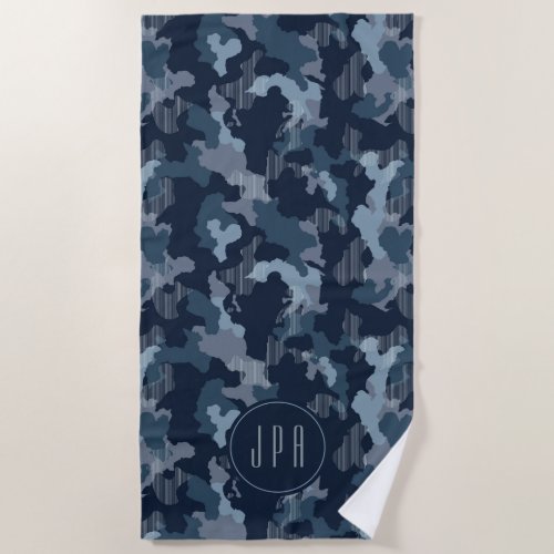 Navy Blue Camo Midnight Military Pattern Monogram Beach Towel