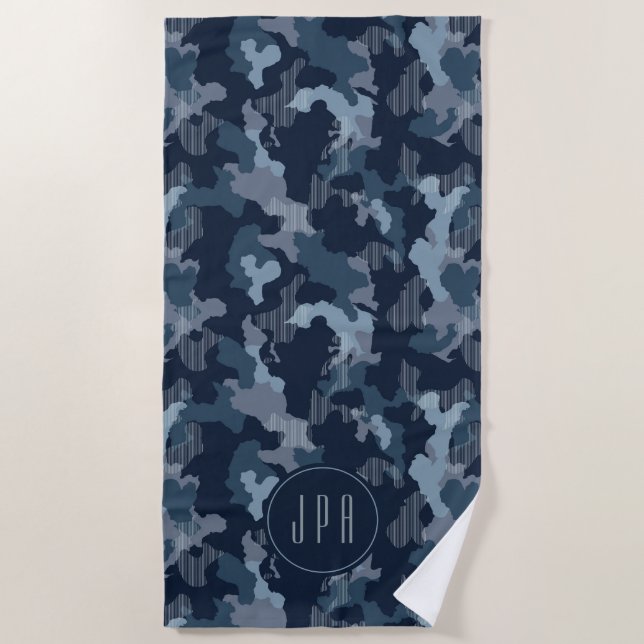Navy Blue Camo Midnight Military Pattern Monogram Beach Towel (Front)