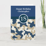 Navy Blue Camouflage 18th Birthday Card<br><div class="desc">A blue personalized camouflage 18th birthday card for him, which you will be able to easily personalize the front with the recipient's name. The inside reads a birthday message which can also be personalized if wanted. The back features the navy blue and camo design. Please see all photos. This blue...</div>