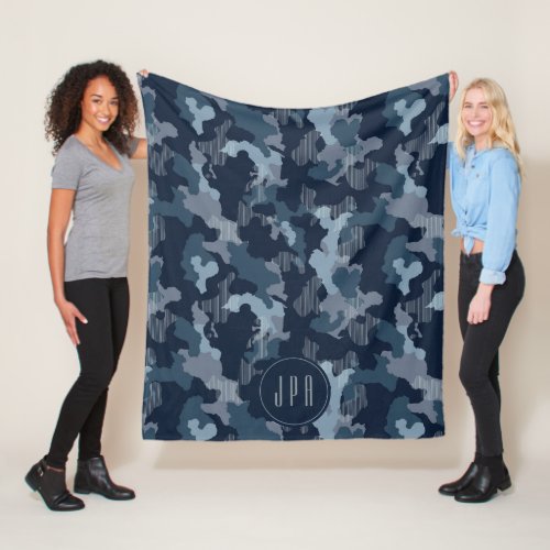 Navy Blue Camouflage 3 Monogram Military Pattern Fleece Blanket