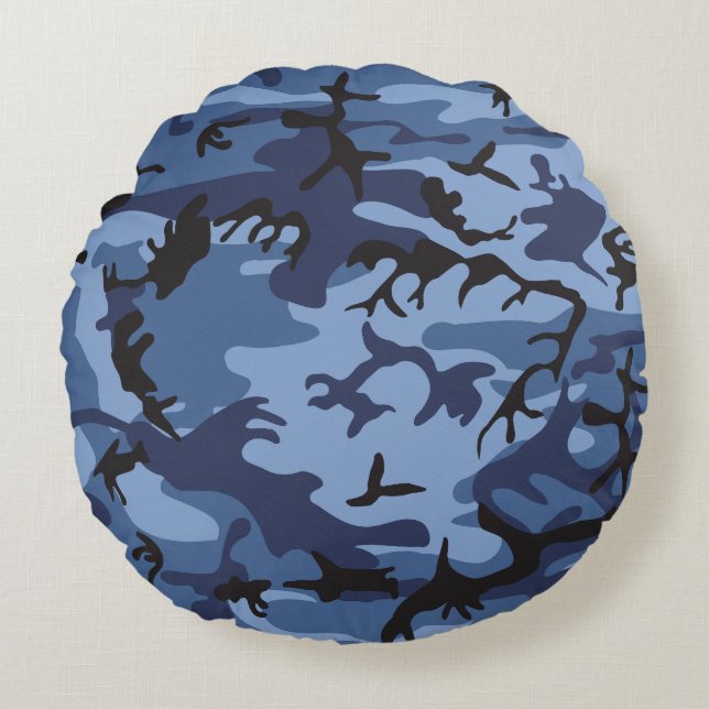 Navy Blue Camouflage, Military, Army Round Pillow (Front)