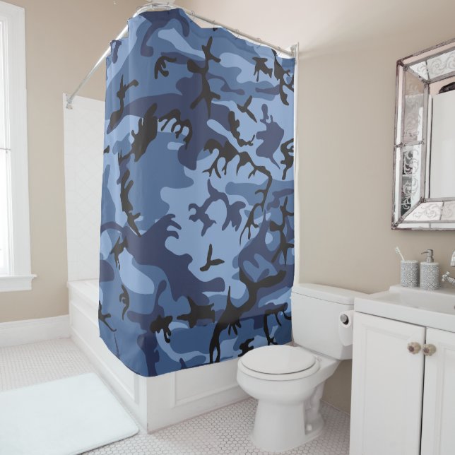 Navy Blue Camouflage, Military, Army Shower Curtain (In Situ)