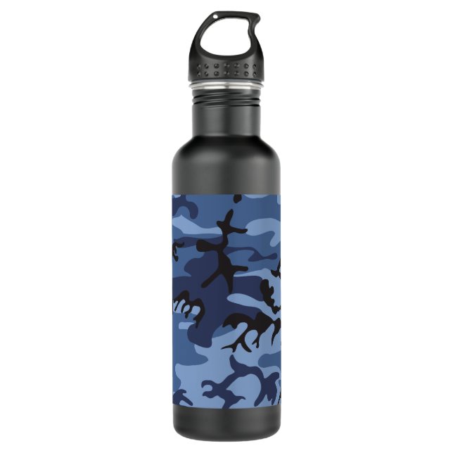 Navy Blue Camouflage, Military, Army Stainless Steel Water Bottle (Front)