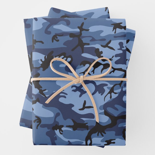 Navy Blue Camouflage, Military, Army Wrapping Paper Sheets (In situ)