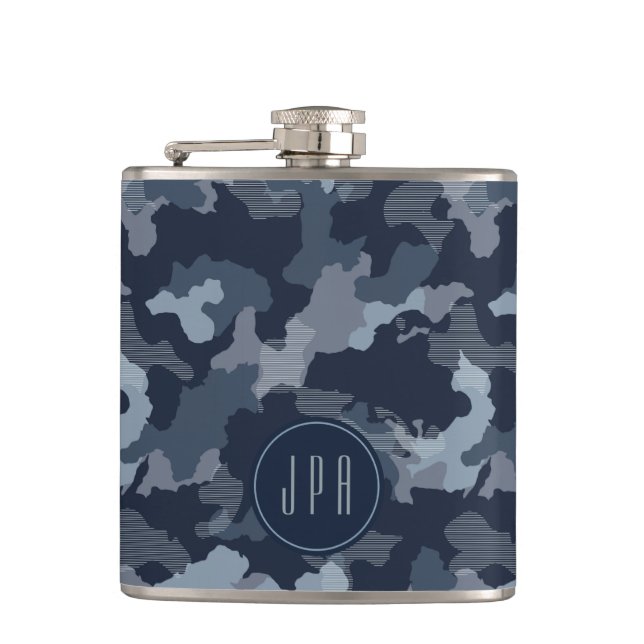 Navy Blue Camouflage Military Pattern Monogram Flask (Front)