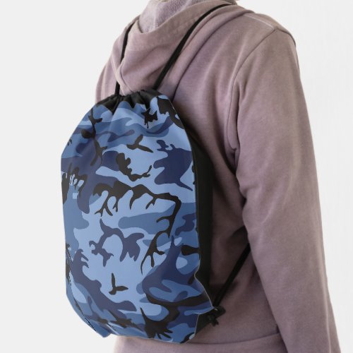 Navy Blue Camouflage Pattern Military Pattern Army Drawstring Bag