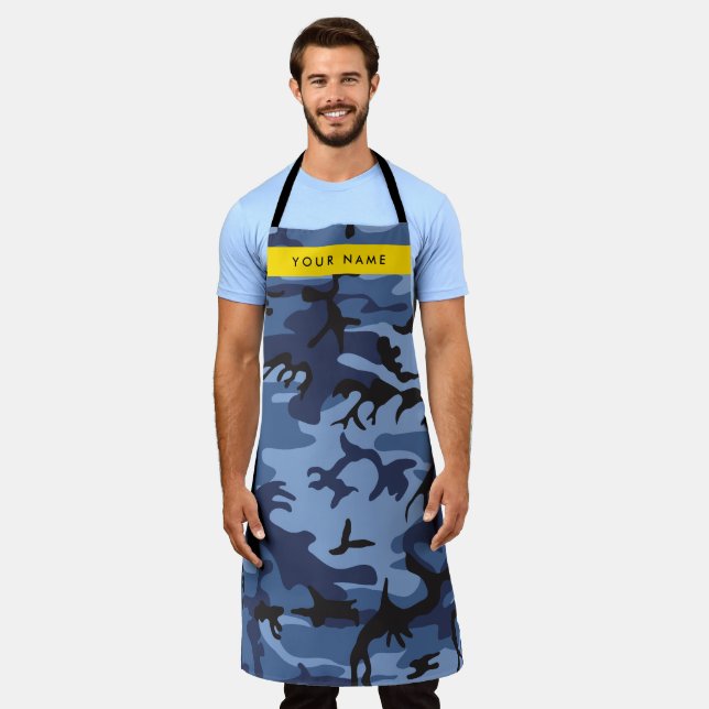 Navy Blue Camouflage Your name Personalize Apron (Worn)