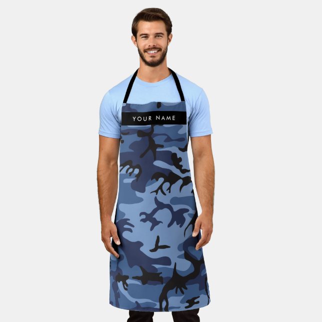 Navy Blue Camouflage Your name Personalize Apron (Worn)