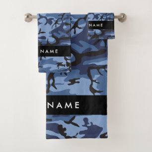 Navy Blue Camouflage Your name Personalize Bath Towel Set