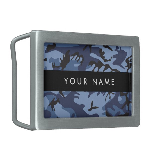 Navy Blue Camouflage Your name Personalize Belt Buckle (Front Left)