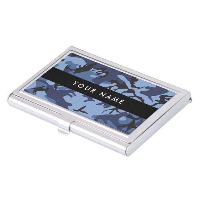 Navy Blue Camouflage Your name Personalize Business Card Case (Front)