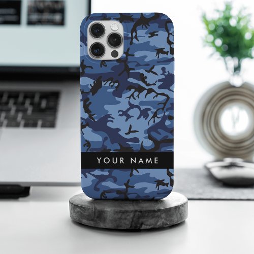 Navy Blue Camouflage Your name Personalize iPhone 15 Pro Max Case