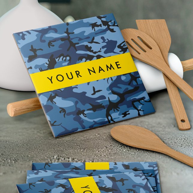 Navy Blue Camouflage Your name Personalize Ceramic Tile (Creator Uploaded)