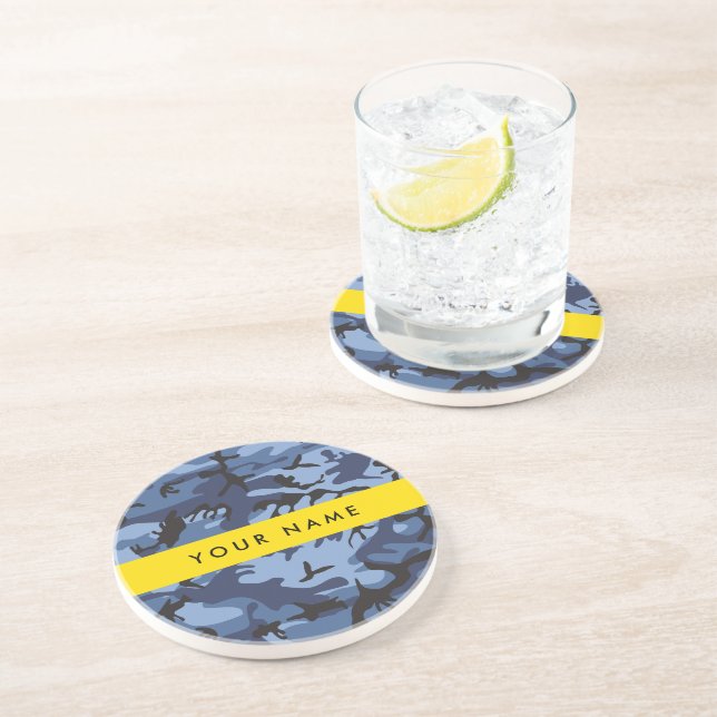 Navy Blue Camouflage Your name Personalize Coaster (Side)