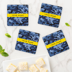 Navy Blue Camouflage Your name Personalize Coaster Set