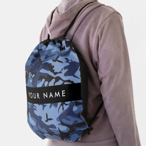 Navy Blue Camouflage Your name Personalize Drawstring Bag