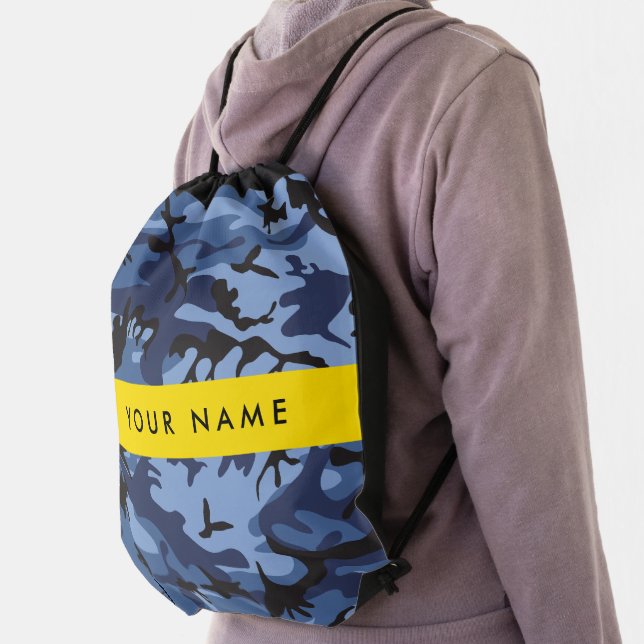 Navy Blue Camouflage Your name Personalize Drawstring Bag (Insitu)