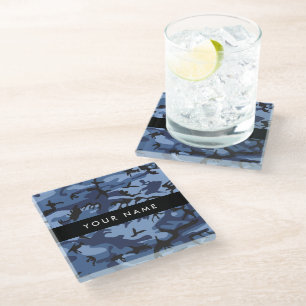 Navy Blue Camouflage Your name Personalize Glass Coaster