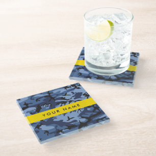 Navy Blue Camouflage Your name Personalize Glass Coaster