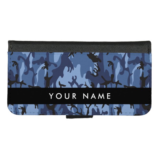 Navy Blue Camouflage Your name Personalize iPhone Wallet Case (Front (Horizontal))