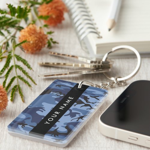 Navy Blue Camouflage Your name Personalize Keychain