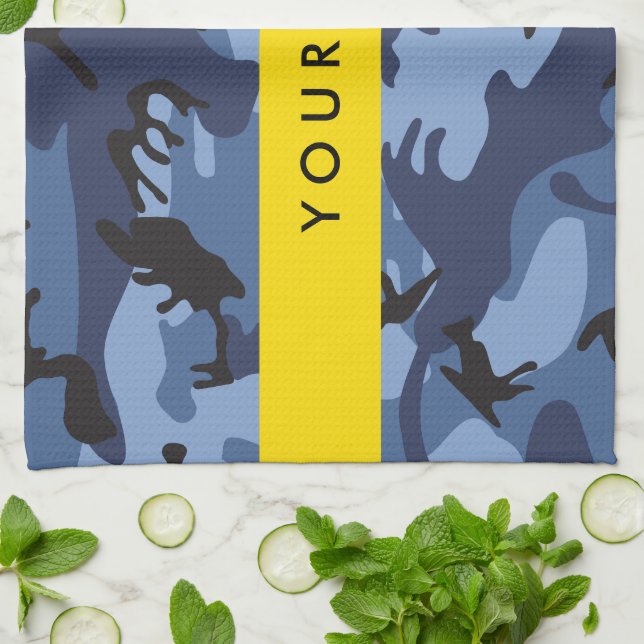 Navy Blue Camouflage Your name Personalize Kitchen Towel (Folded)