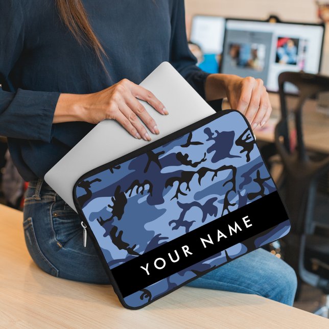 Navy Blue Camouflage Your name Personalize Laptop Sleeve (Creator Uploaded)