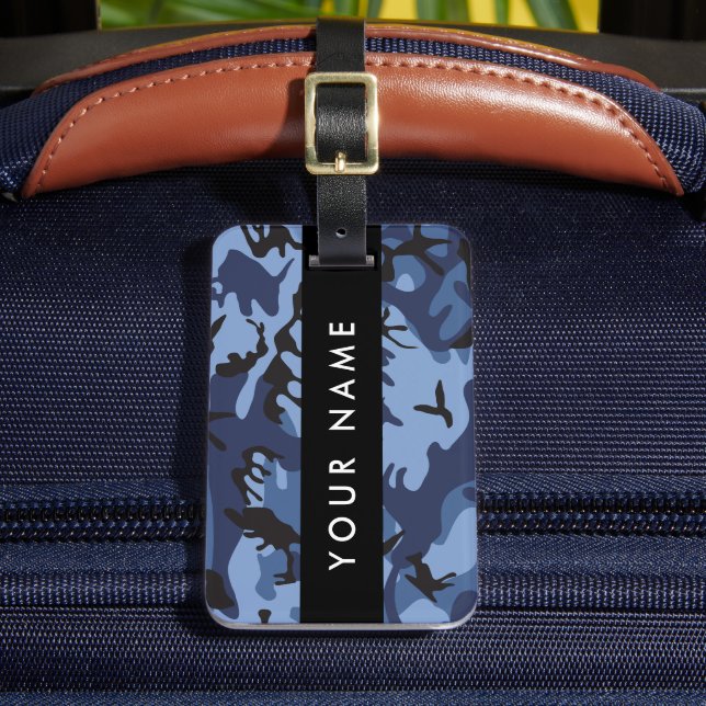 Navy Blue Camouflage Your name Personalize Luggage Tag (Front Insitu 2)
