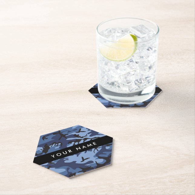 Navy Blue Camouflage Your name Personalize Paper Coaster (Insitu)