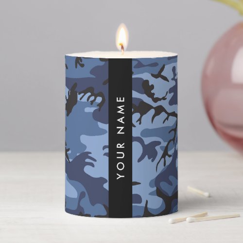 Navy Blue Camouflage Your name Personalize Pillar Candle