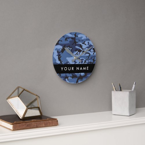 Navy Blue Camouflage Your name Personalize Round Clock