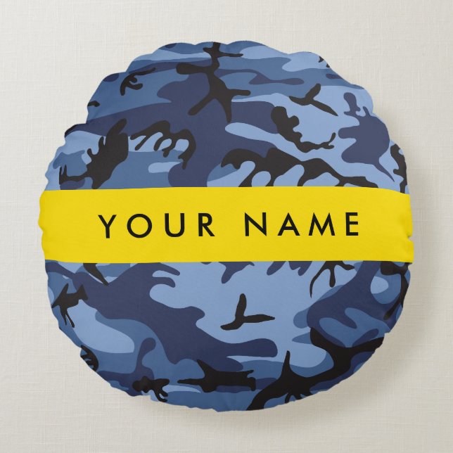 Navy Blue Camouflage Your name Personalize Round Pillow (Front)
