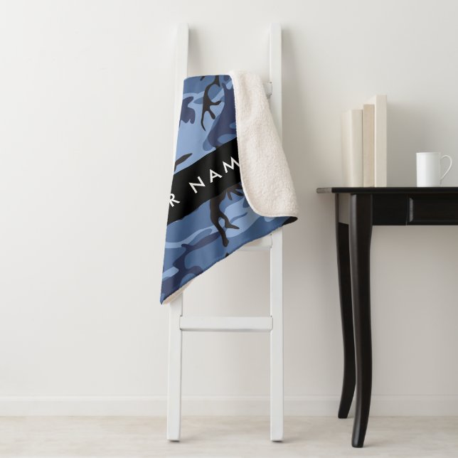 Navy Blue Camouflage Your name Personalize Sherpa Blanket (In Situ)
